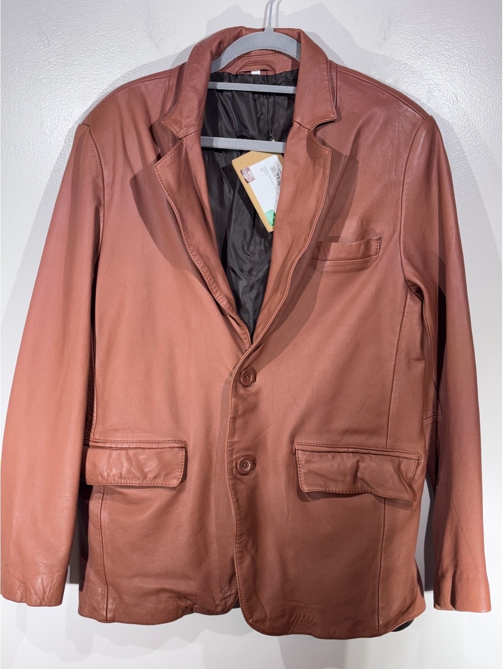 Men's Cognac Leather 2-Button Blazer Jacket Medium